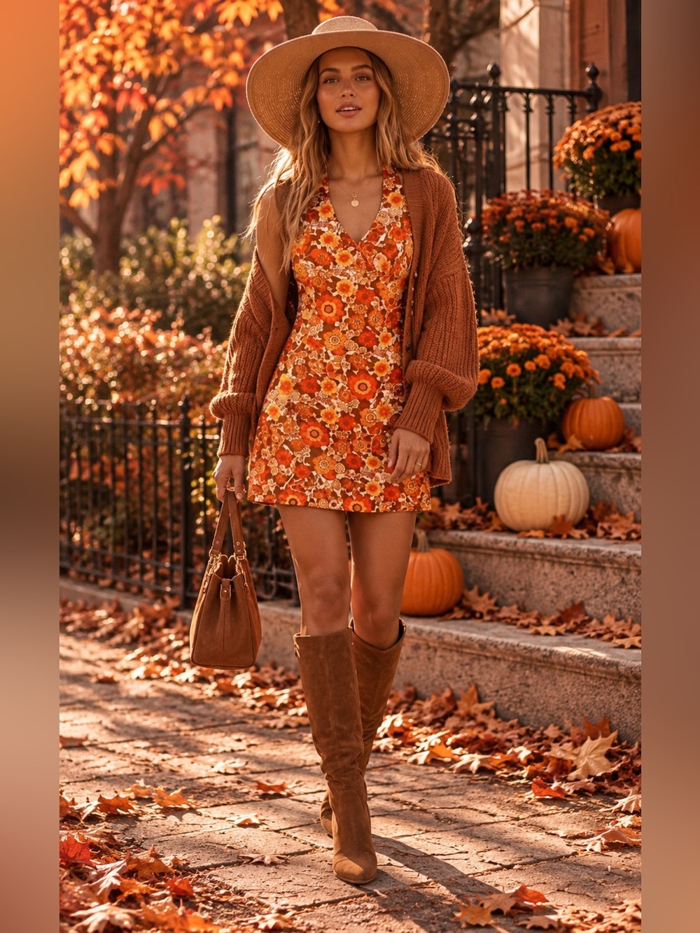 🛍️ Retro Floral orange brown Halter Mini Dress Size XSmall - Small